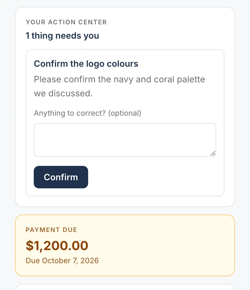A client’s page with one request: confirm the logo colours, with a button to answer.