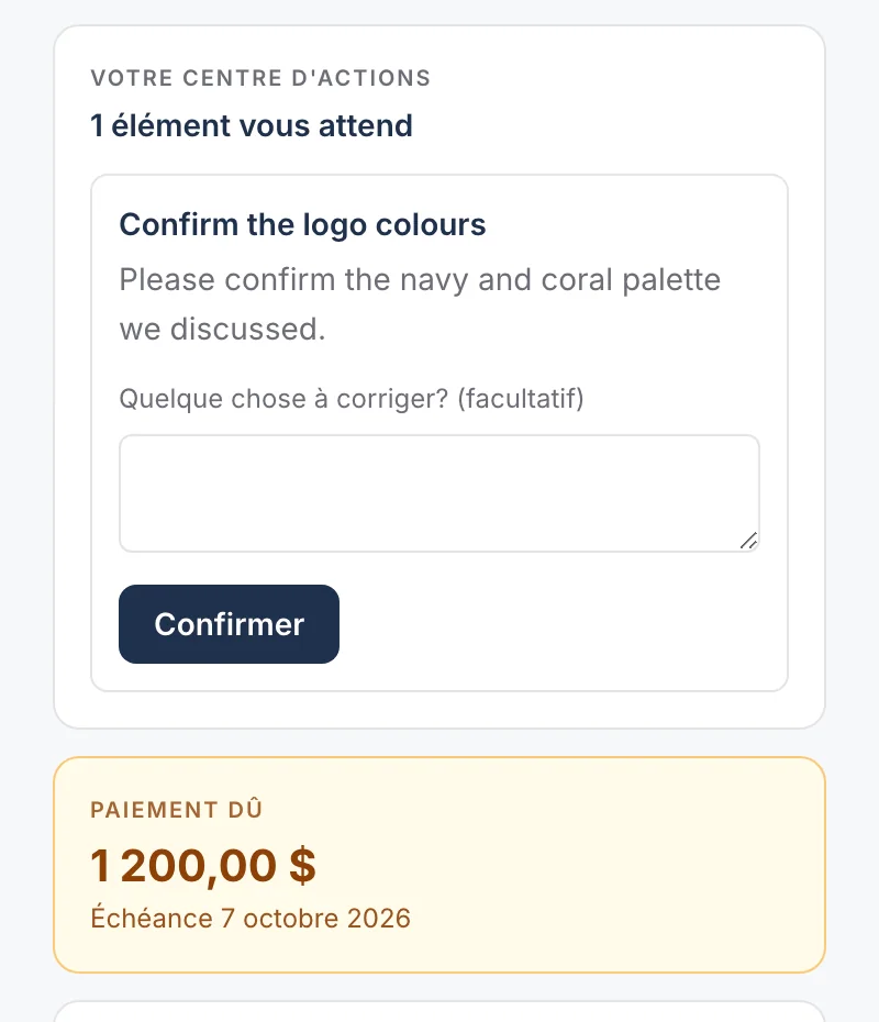 La page d’un client avec une demande : confirmer les couleurs du logo, avec un bouton pour répondre.