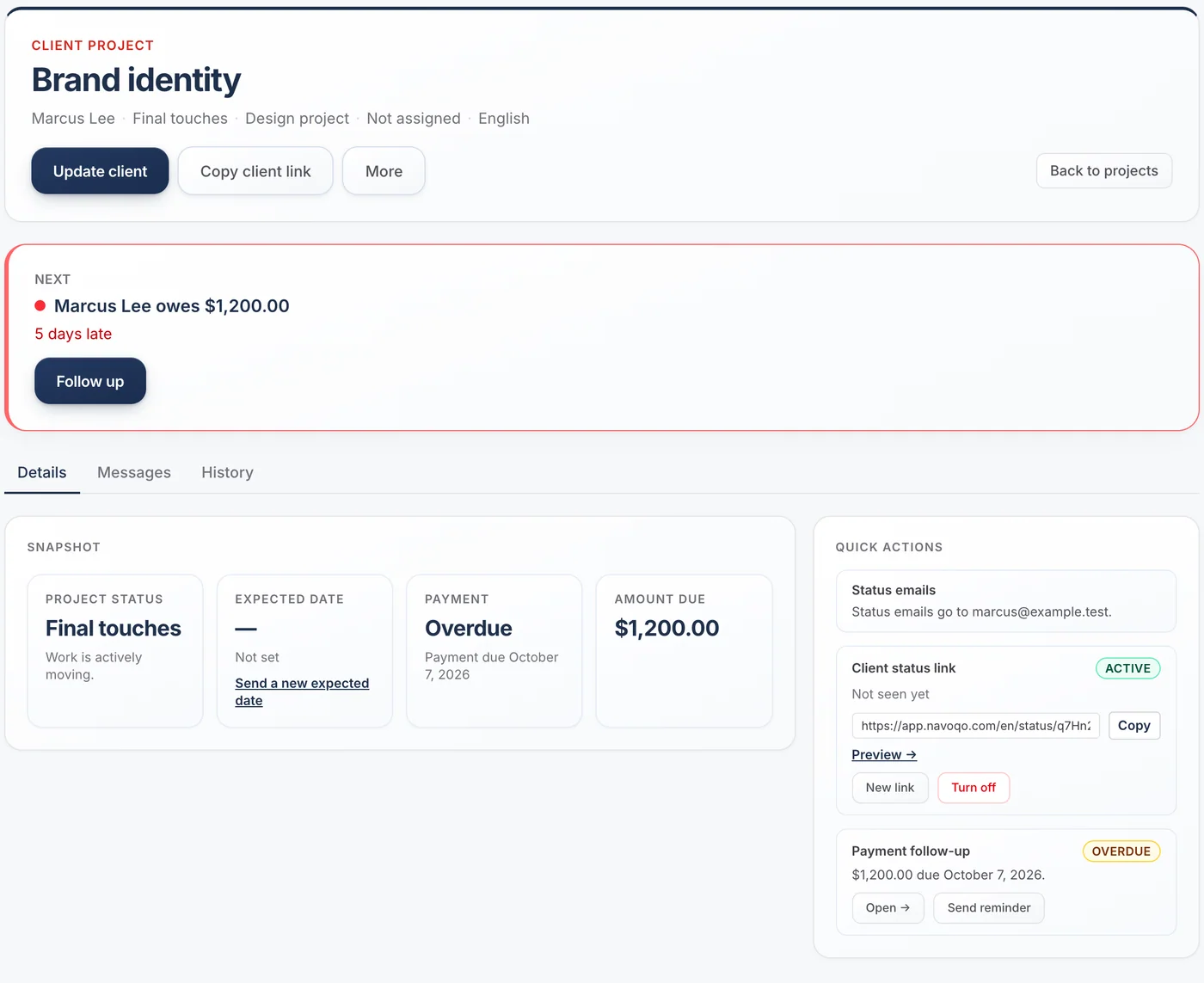 A project with its expected date and a link to send the client a new date.
