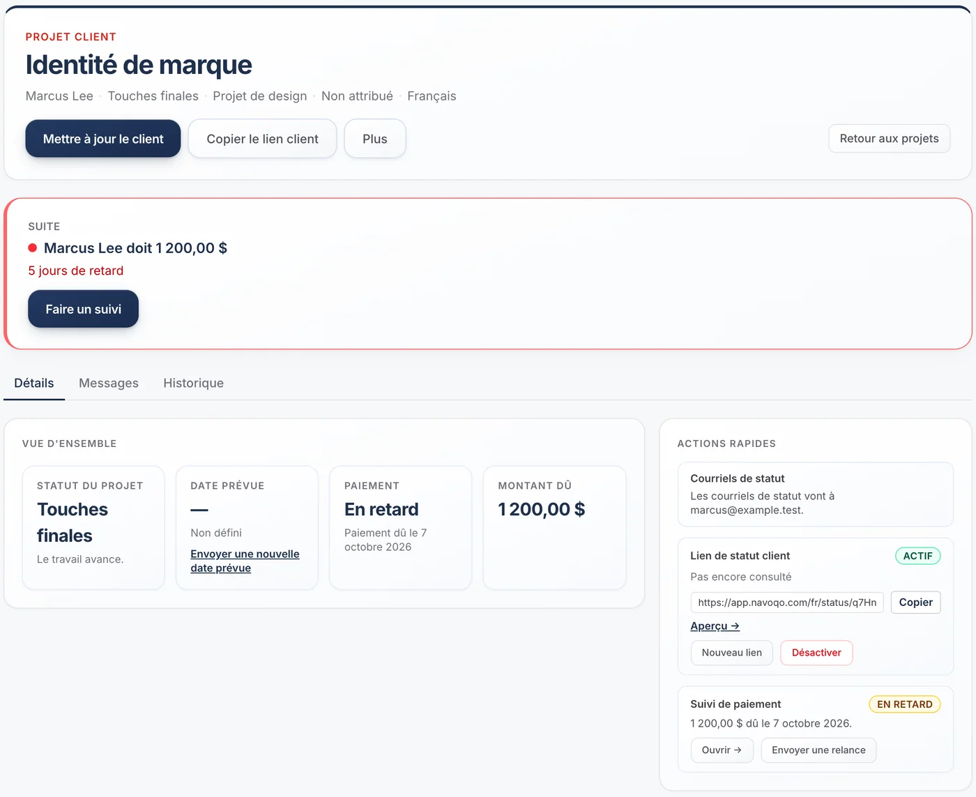 Un projet client avec sa date prévue et un lien pour envoyer une nouvelle date au client.