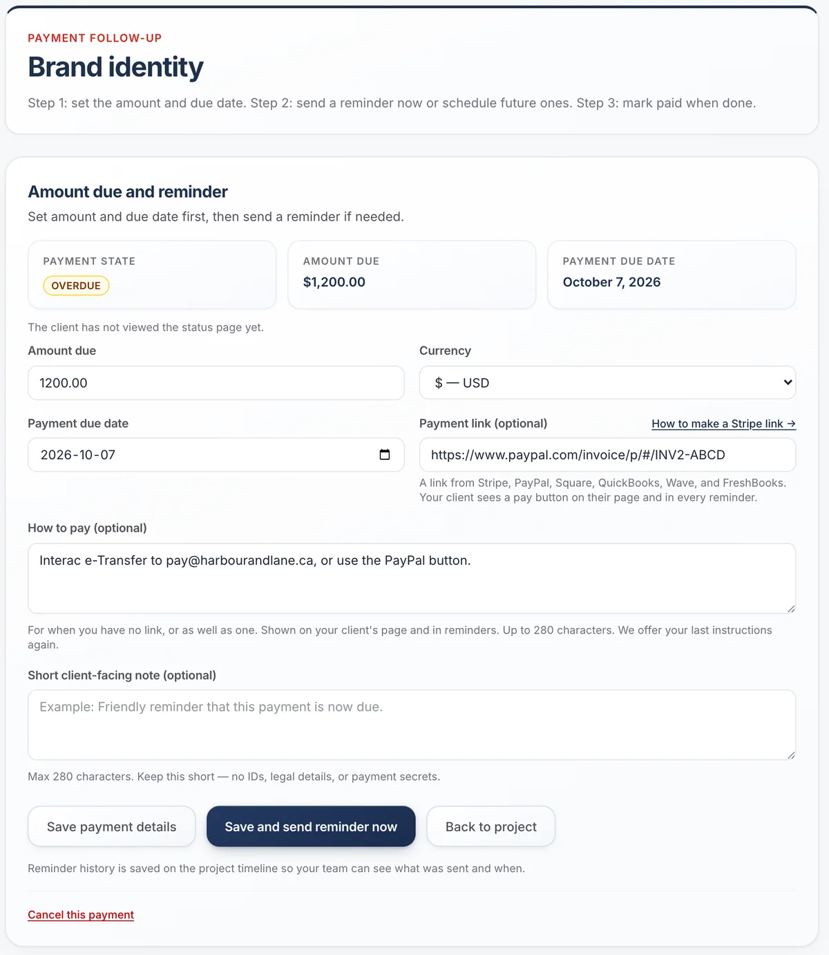 The payment screen: amount due, due date, an optional payment link, written payment instructions and a note for the client.