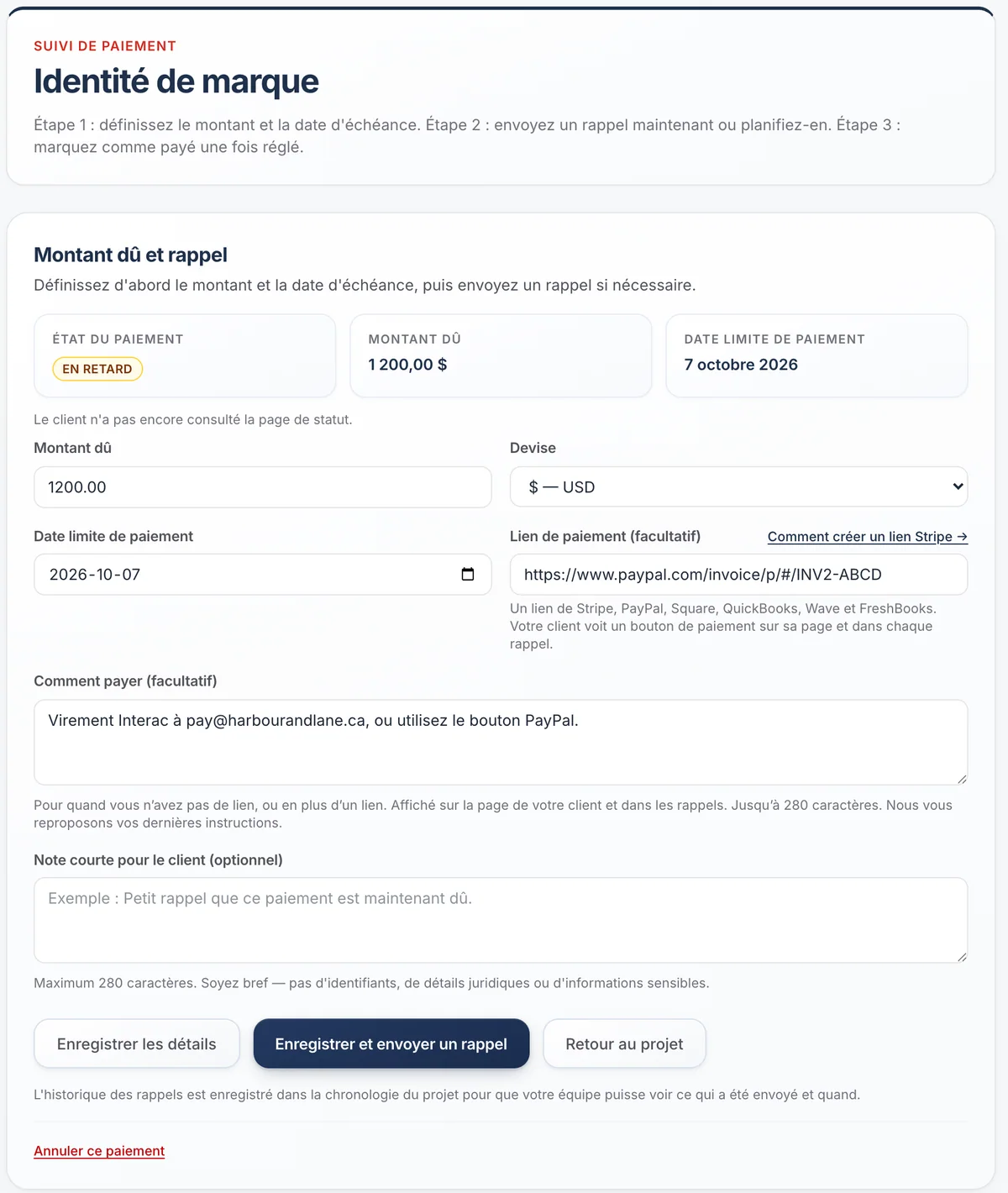L’écran de paiement : montant dû, échéance, lien de paiement facultatif, instructions de paiement écrites et note pour le client.