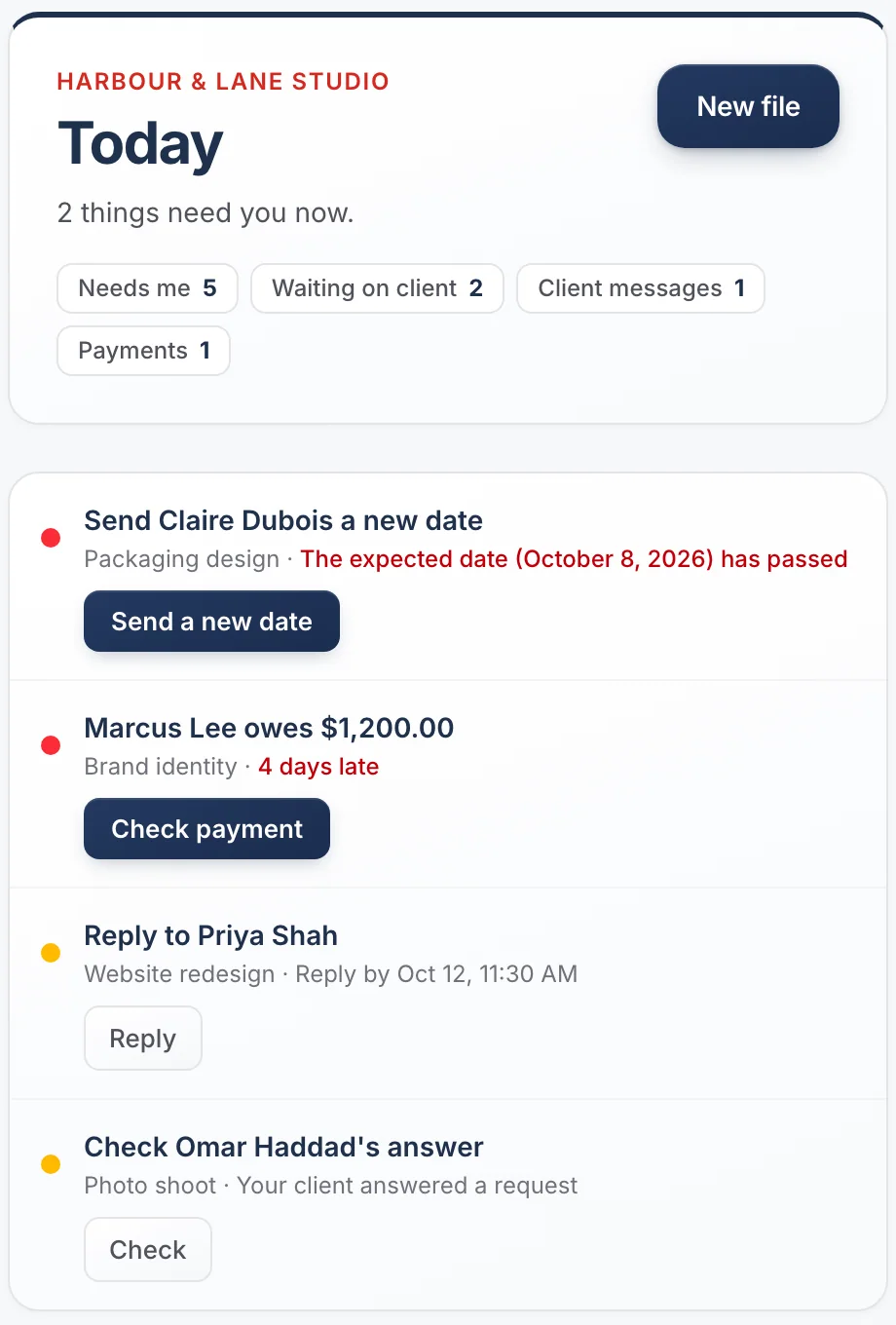 The Today list on a phone with a client question to answer and a reply button.