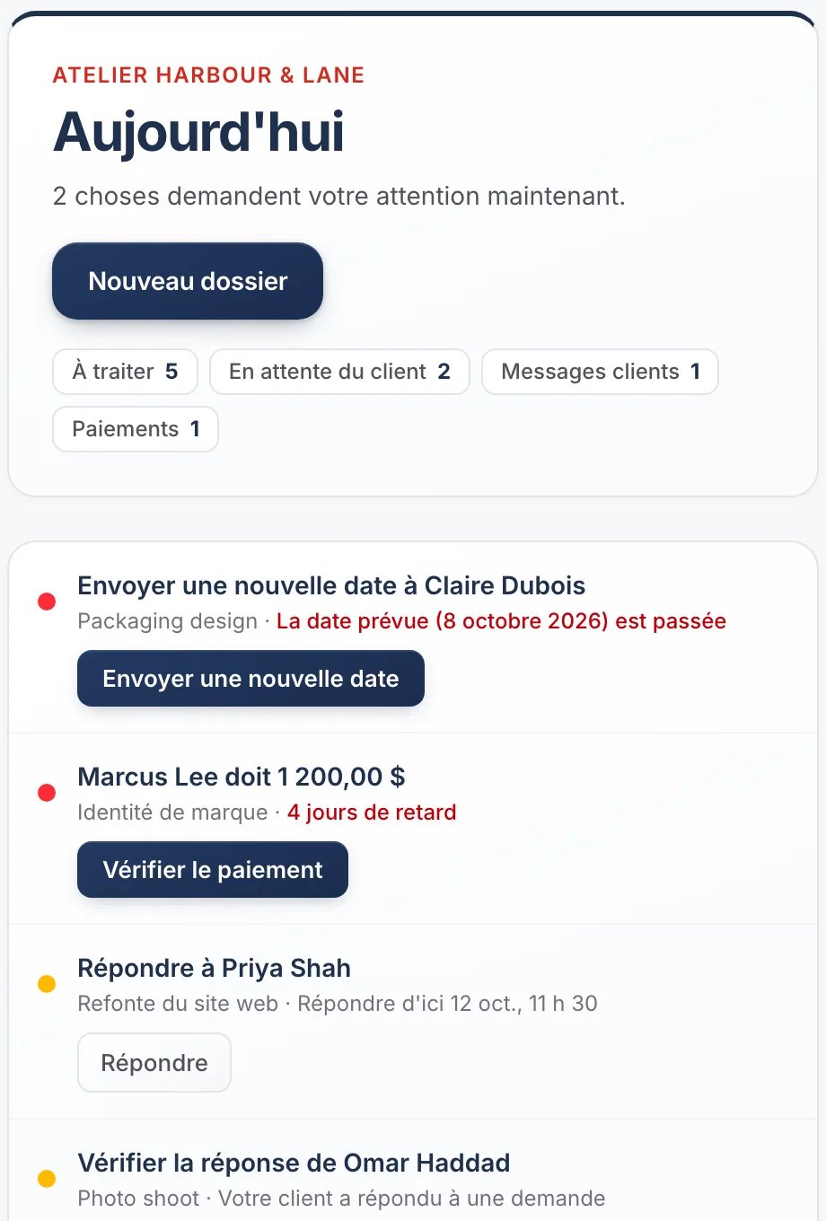 La liste Aujourd’hui sur un téléphone avec une question de client et un bouton pour répondre.